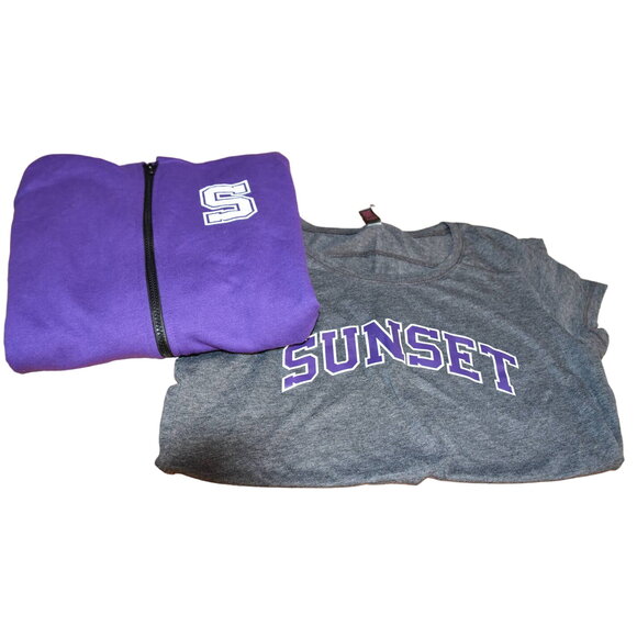 Women's Full Zip Purple Hoodie, Charcoal Gray S/S tee, Large, Sunset High School - Picture 1 of 6